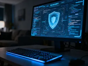 Dwa monitory komputerowe na biurku, prezentujące różnice w interfejsach systemów Windows 10 Pro oraz Pro N.