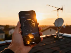 Zbliżenie na ekran smartfona Samsung z kolorowymi ikonami systemowymi na tle biurka w ciepłym świetle.