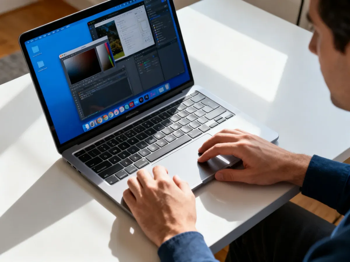 Osoba poznająca obsługę MacBooka przy minimalistycznym biurku