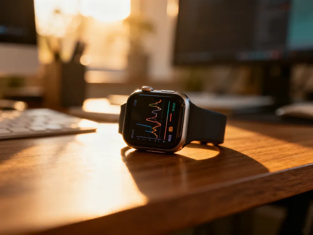Nowoczesny smartwatch z wykresami danych biometrycznych na ekranie, leżący na drewnianym biurku w domowym biurze.