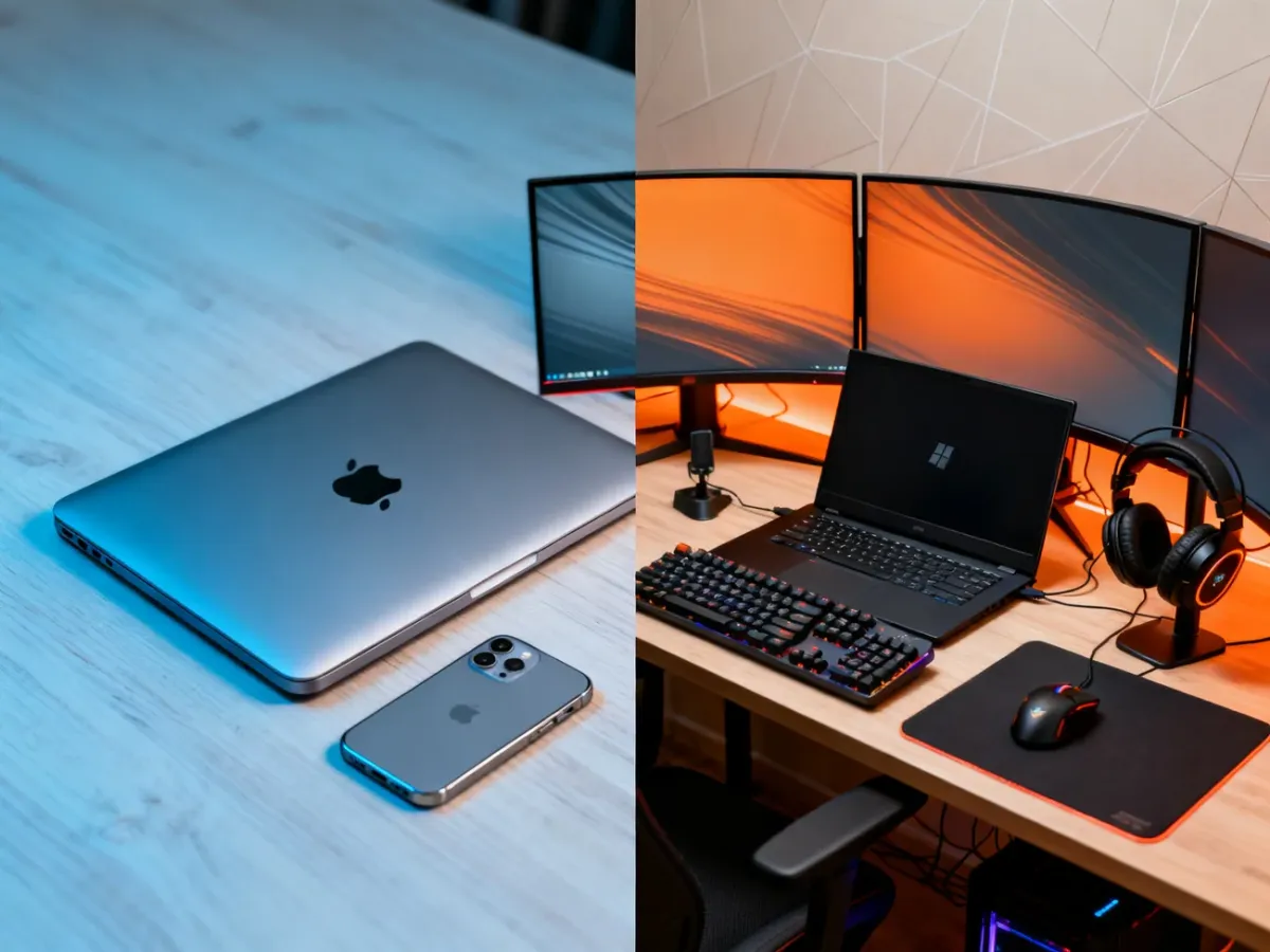 MacBook i laptop z Windowsem przedstawione jako różne wybory do pracy i gier