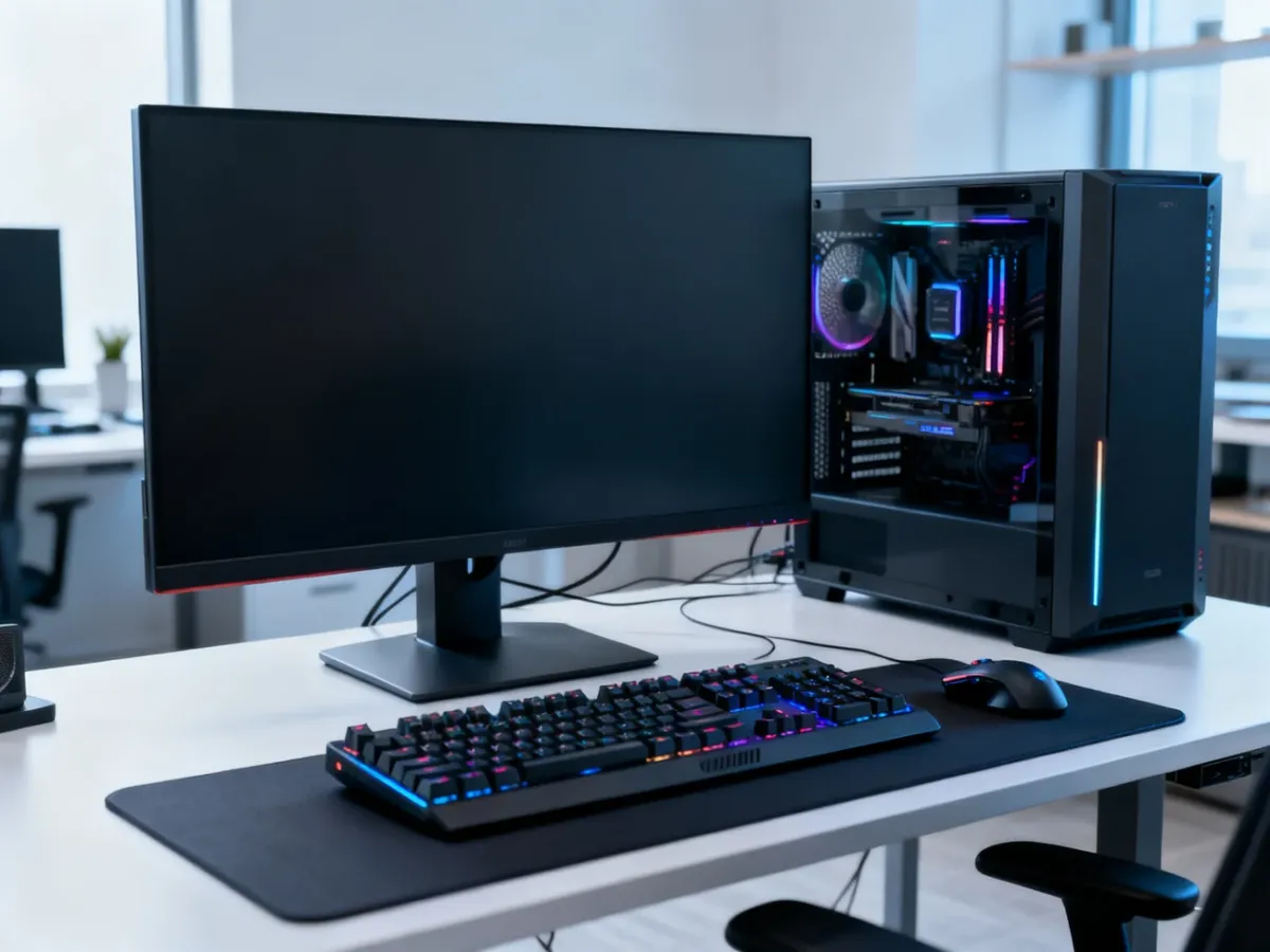 Wydajny komputer stacjonarny z dużym monitorem na ergonomicznym biurku