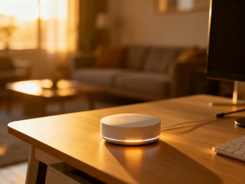 Nowoczesny hub smart home na drewnianym biurku, gotowy do konfiguracji z asystentem głosowym.