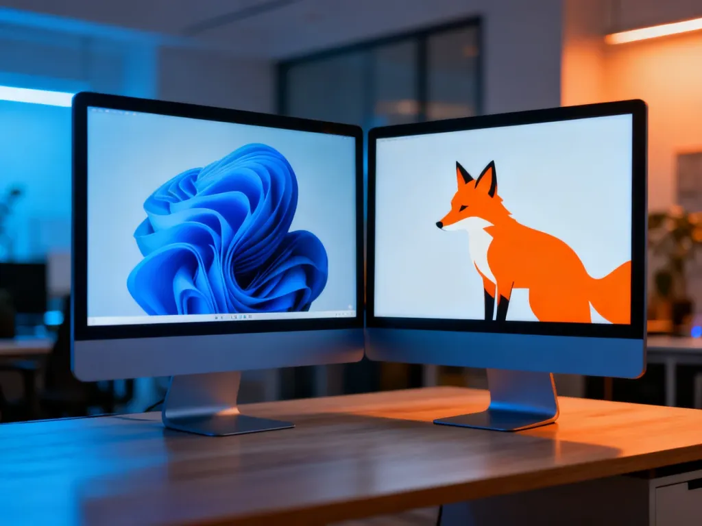 Dwa monitory na biurku z symbolami przeglądarek Edge i Firefox, obrazujące porównanie ich możliwości.