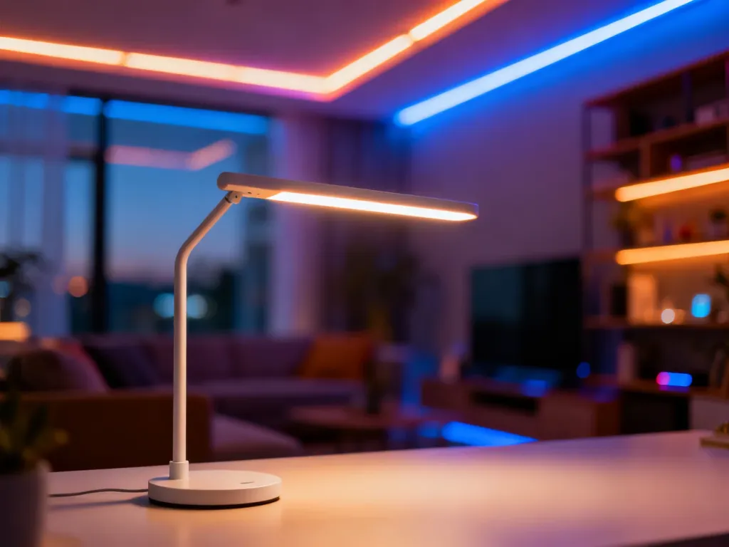 Nowoczesne wnętrze z inteligentnym oświetleniem LED, tworzącym przytulną atmosferę w salonie.