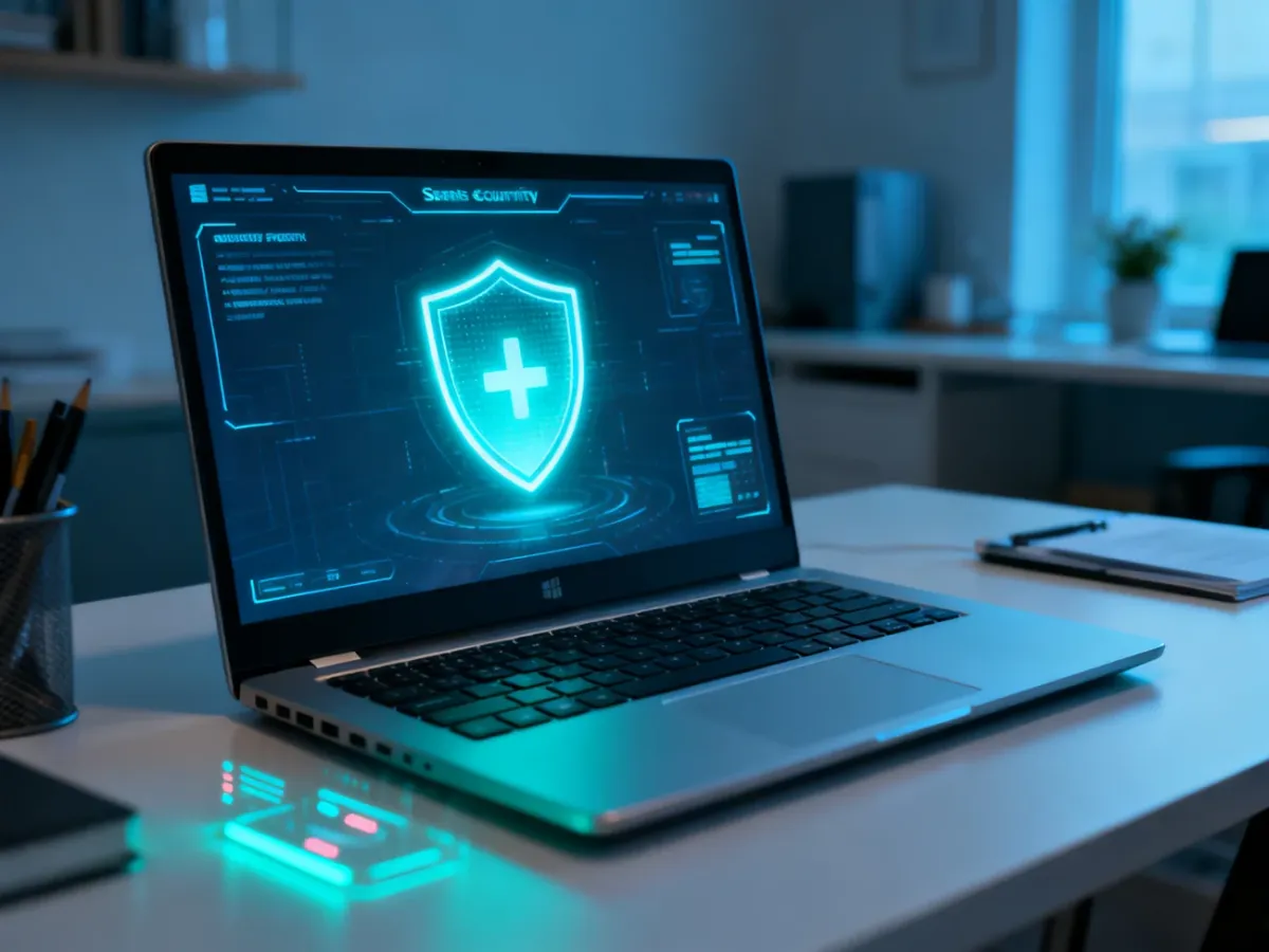 Laptop z symbolem ochrony antywirusowej na ekranie