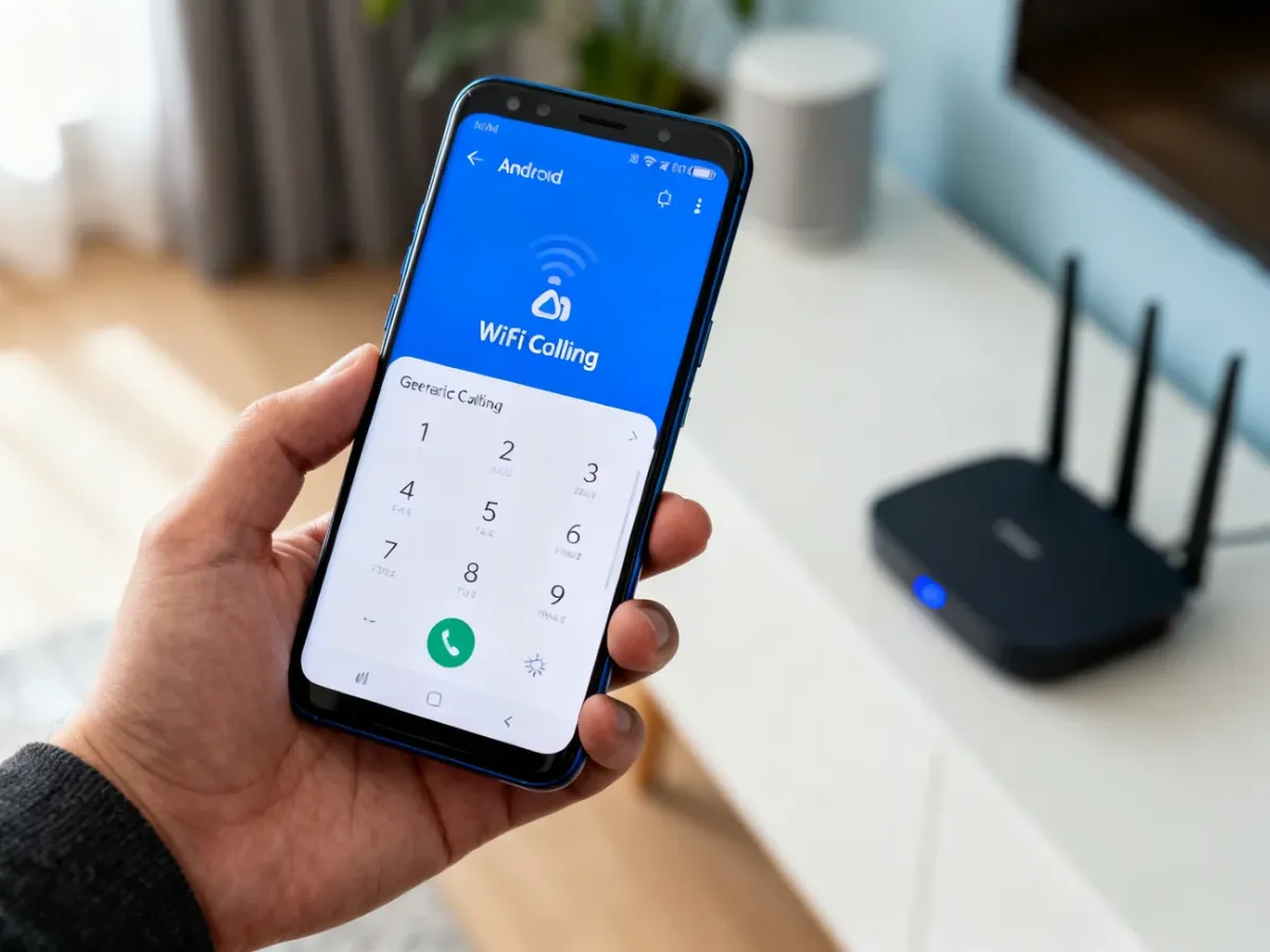 Smartfon z ustawieniami WiFi Calling na tle domowej sieci bezprzewodowej