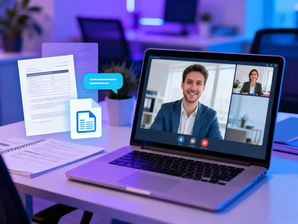 Laptop displaying a Microsoft Teams video meeting in a modern workspace