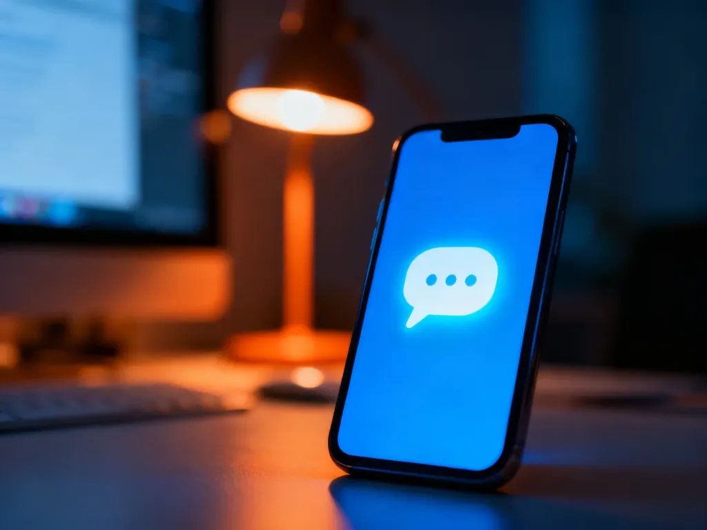 Ikona wiadomości na ekranie smartfona w przytulnym biurze, symbolizująca korzystanie z komunikatora iMessage.
