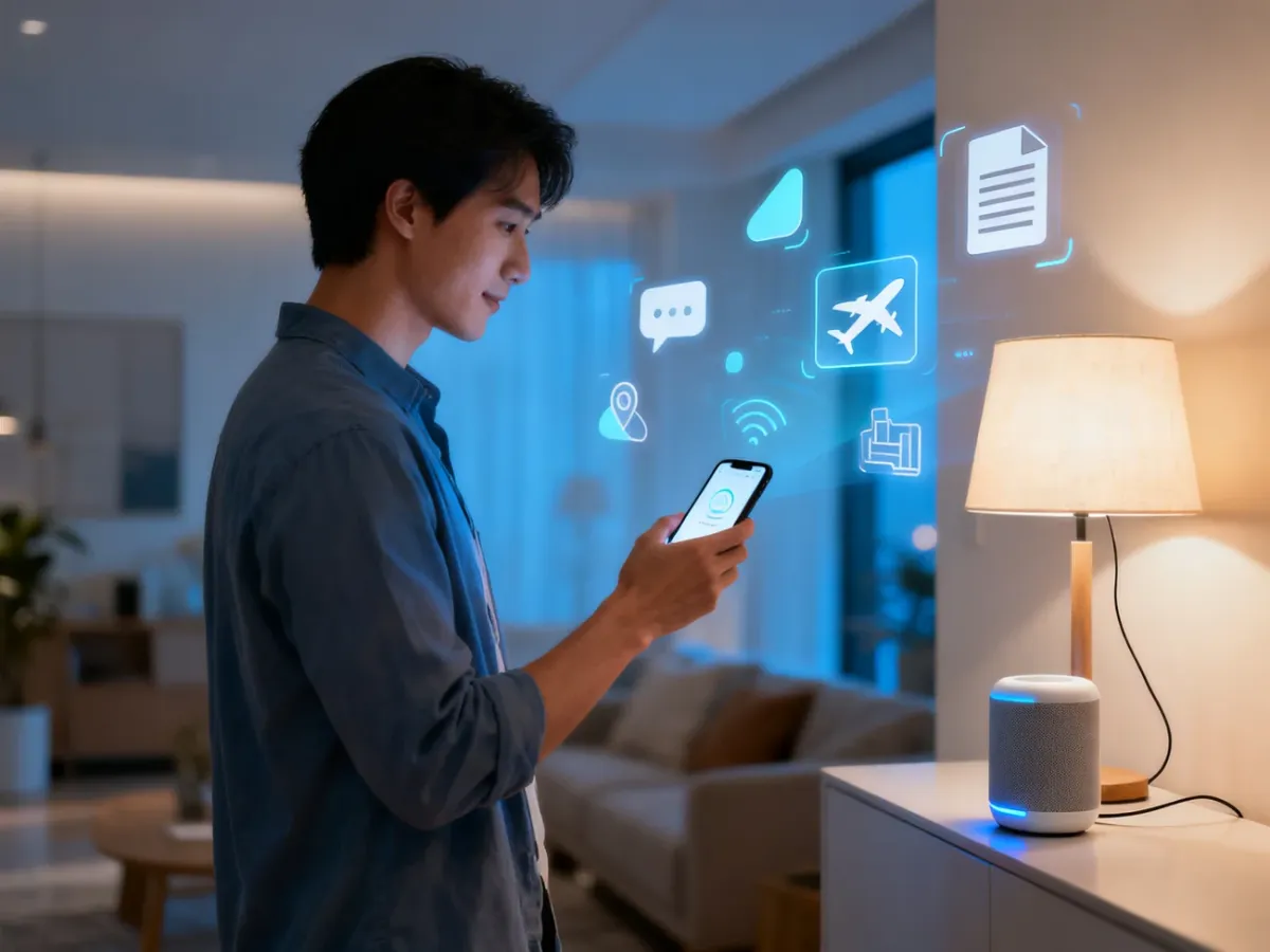 Person using a voice assistant to manage tasks and smart home devices