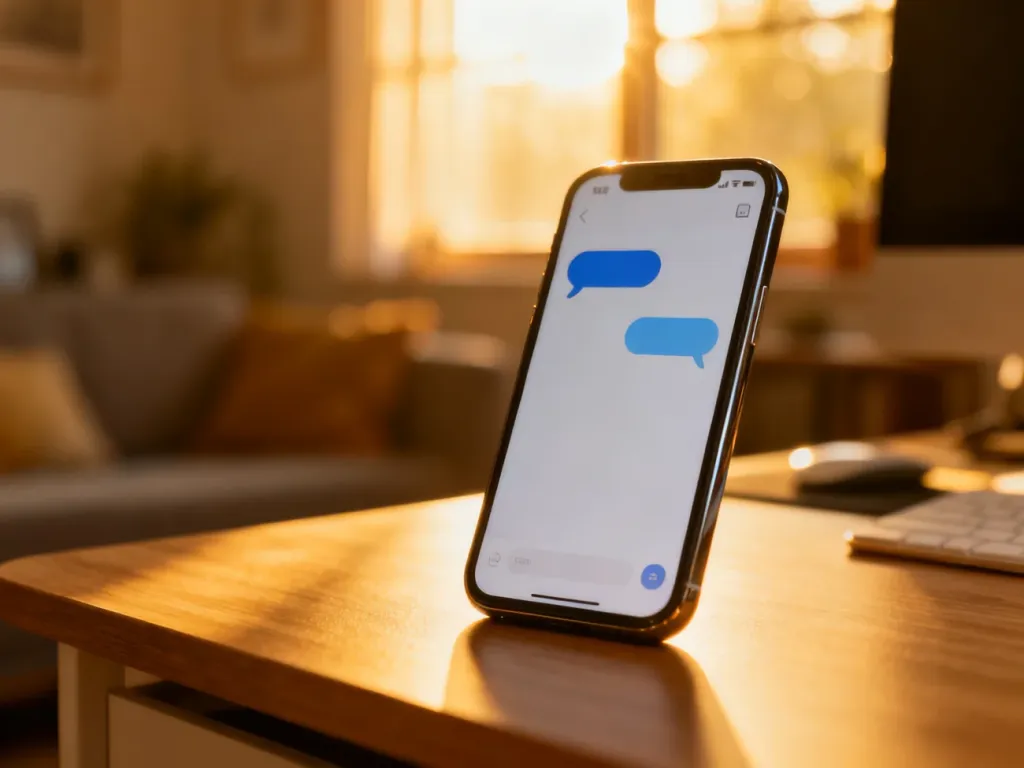 Nowoczesny smartfon z otwartą aplikacją do czatowania leżący na biurku w przytulnym domowym biurze.