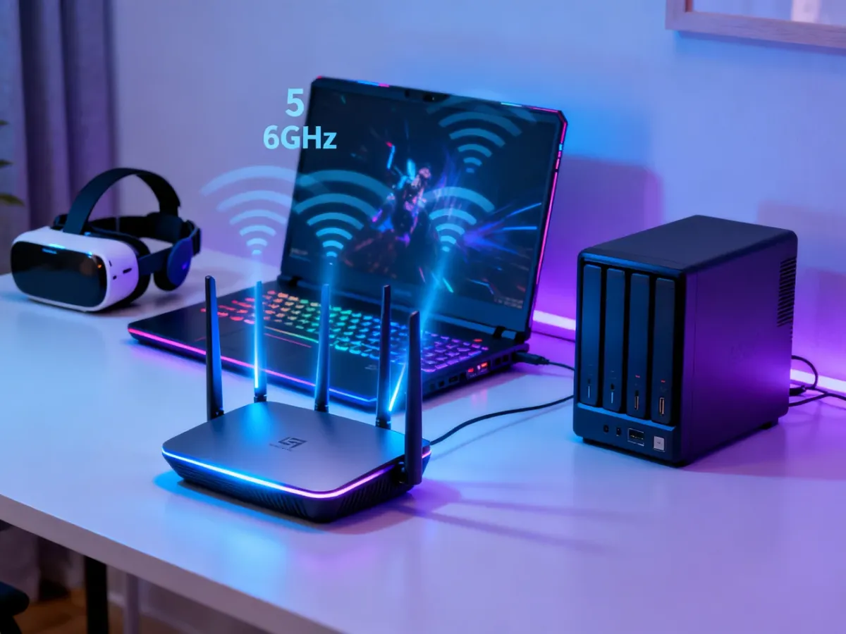 Router Wi-Fi 7 obsługujący laptop, gogle VR i serwer NAS