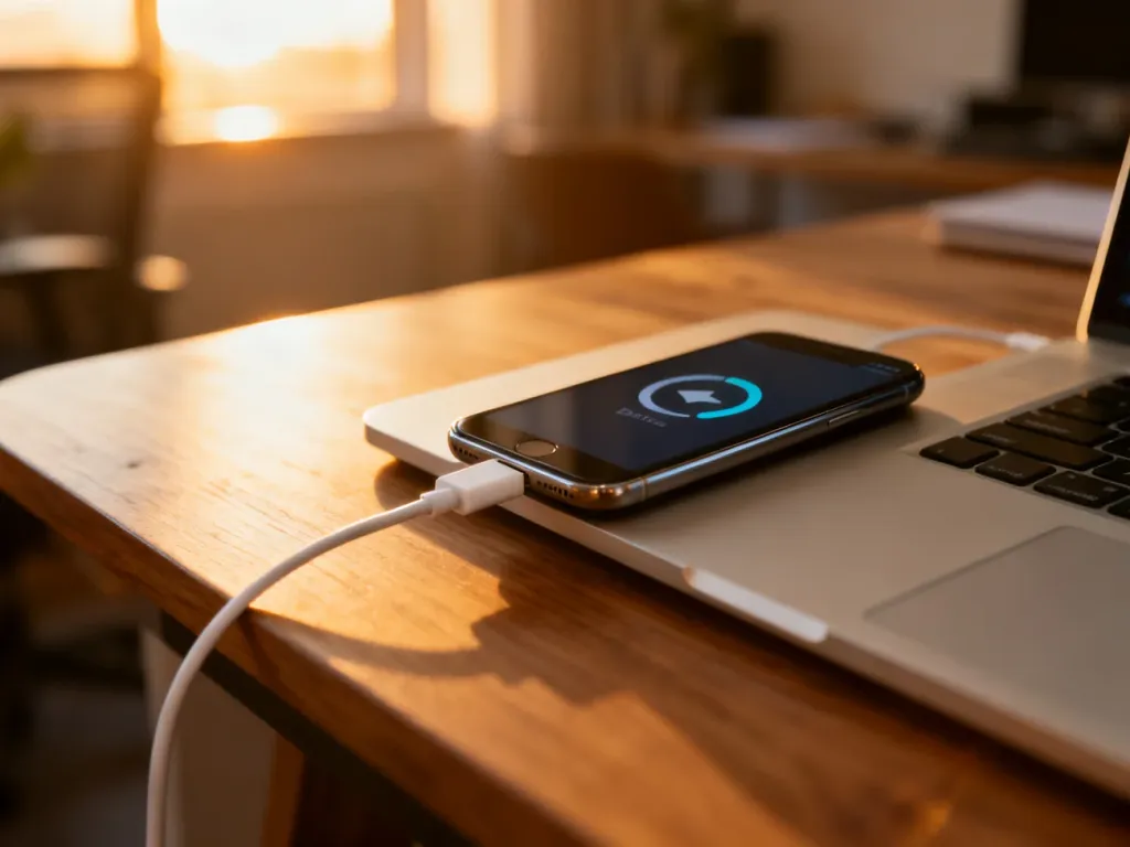 Smartfon podłączony kablem USB do laptopa w celu wykonania kopii zapasowej danych na drewnianym biurku.