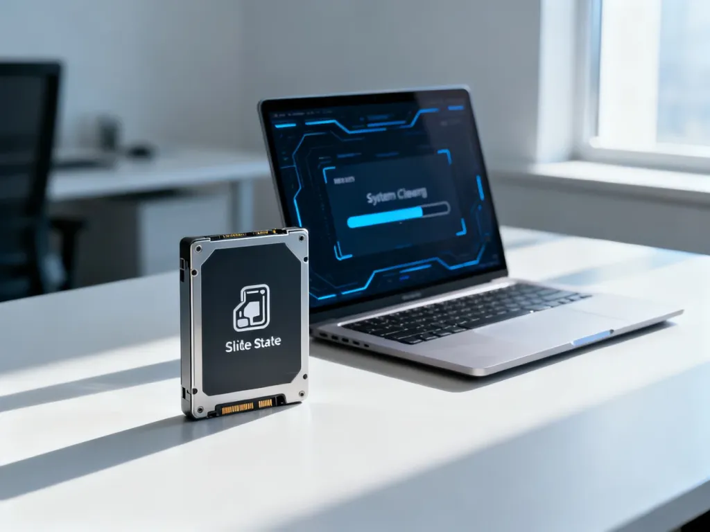 Nowoczesne stanowisko komputerowe z ikoną dysku SSD i paskiem postępu czyszczenia systemu na ekranie laptopa.
