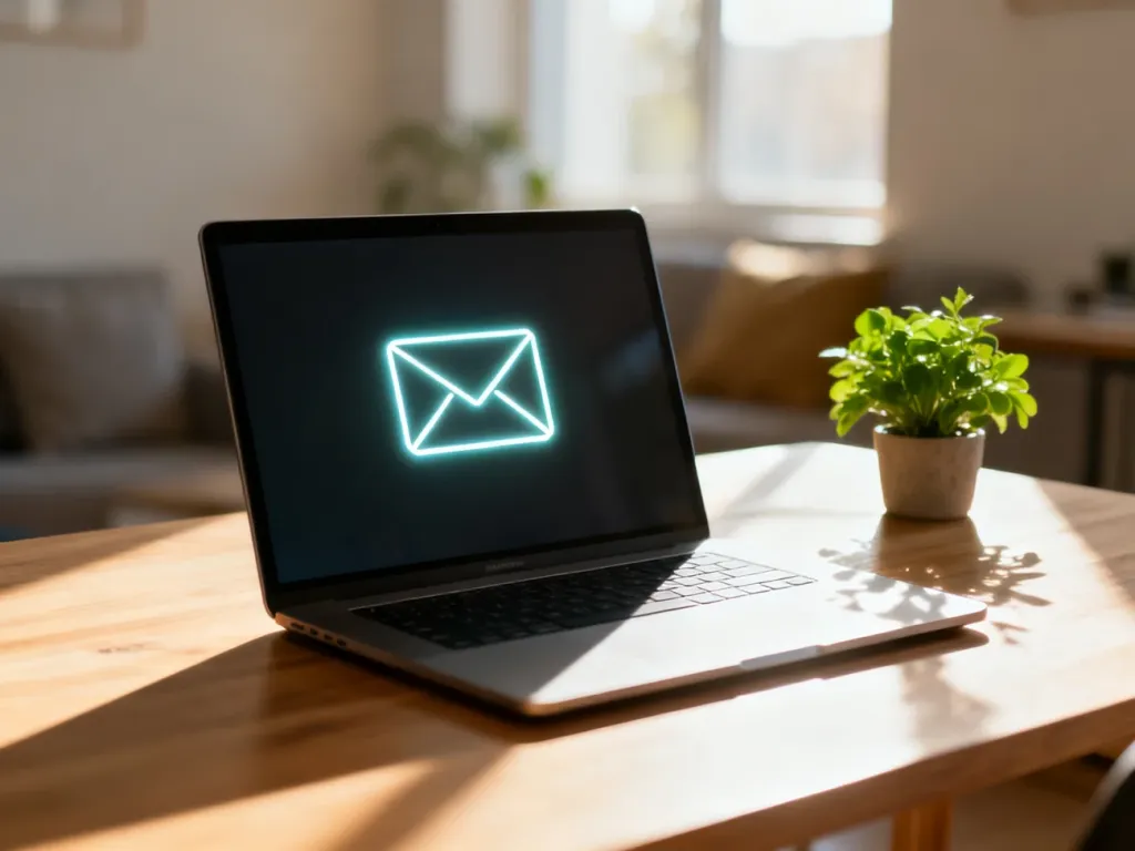 Laptop na biurku z ikoną koperty na ekranie, symbolizującą proces zakładania konta e-mail w domowym biurze.