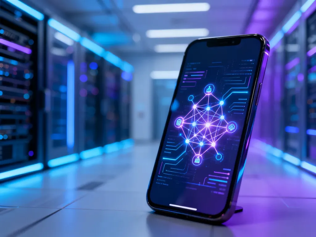 Futurystyczny interfejs AI z siecią neuronową na ekranie smartfona, symbolizujący nowoczesne technologie sztucznej inteligencji.