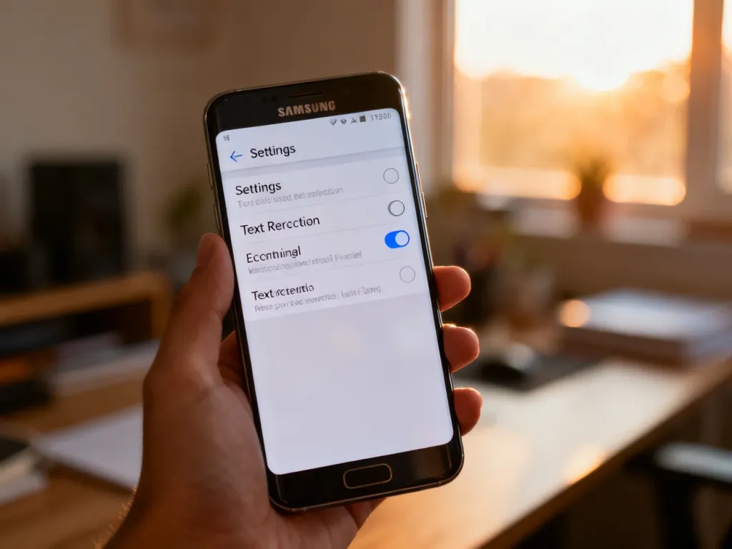 Dłoń trzymająca smartfon Samsung z otwartym menu ustawień, gdzie widoczny jest przełącznik funkcji autokorekty tekstu.