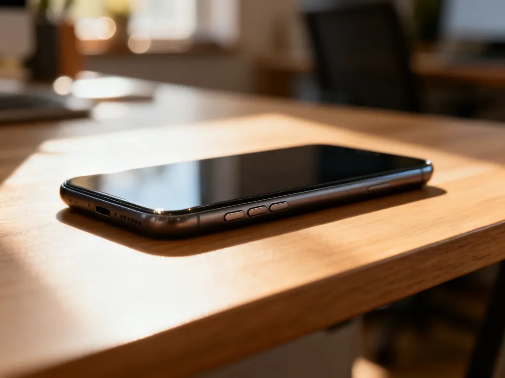 Nowoczesny smartfon leżący na drewnianym biurku z widocznymi przyciskami bocznymi służącymi do wyłączania urządzenia.