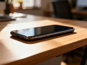 Nowoczesny hub smart home z niebieskim podświetleniem na drewnianym biurku, gotowy do konfiguracji systemu.