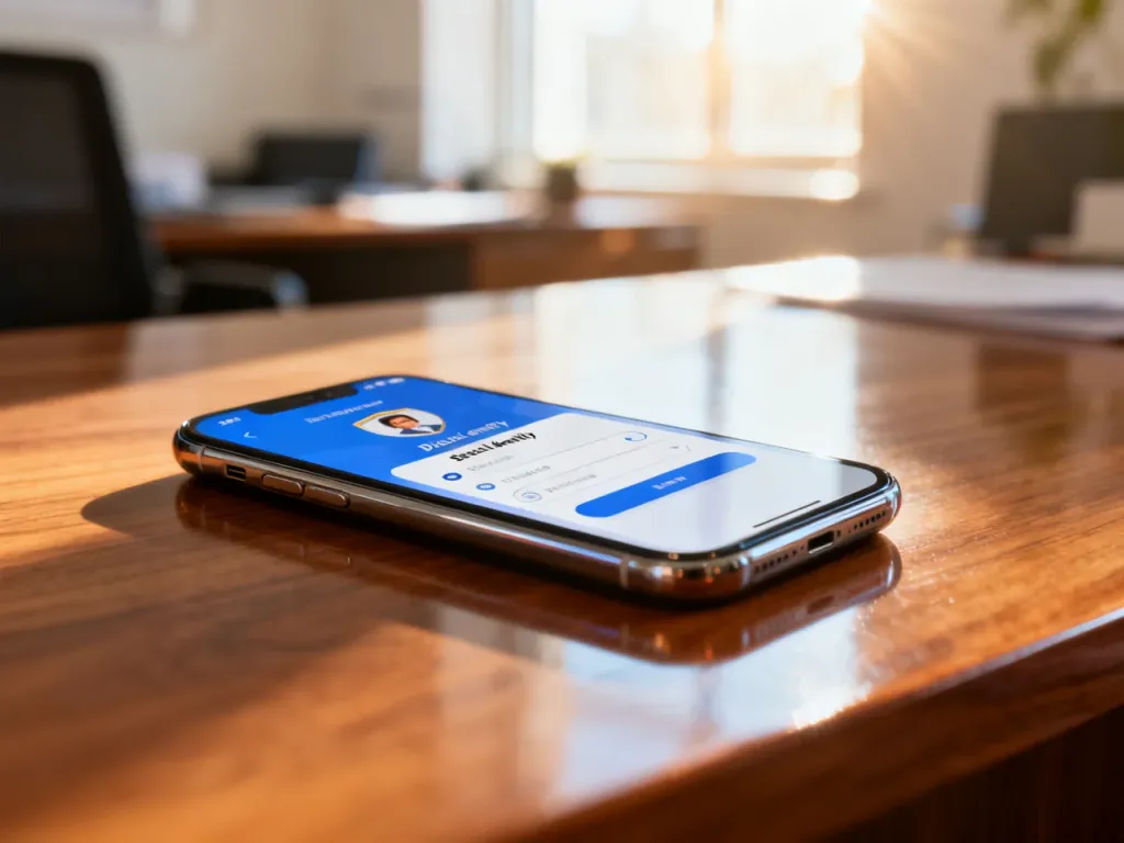 Smartfon z otwartą aplikacją mObywatel leżący na drewnianym biurku w słonecznym biurze.