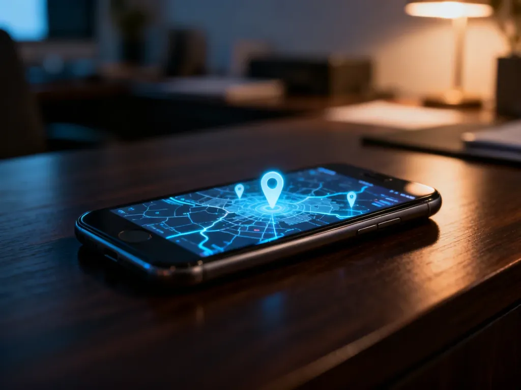 Nowoczesny smartfon leżący na biurku z wyświetloną mapą cyfrową i pinezkami lokalizacji, symbolizujący śledzenie aktywności urządzenia.