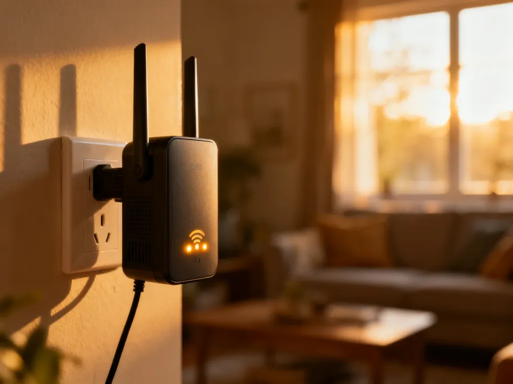 Wzmacniacz sygnału Wi-Fi wpięty do gniazdka elektrycznego z widocznymi diodami sygnalizującymi siłę połączenia.