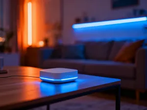 Nowoczesny smartfon z otwartym odtwarzaczem wideo na tle przytulnego salonu, prezentujący interfejs aplikacji Mi Video.