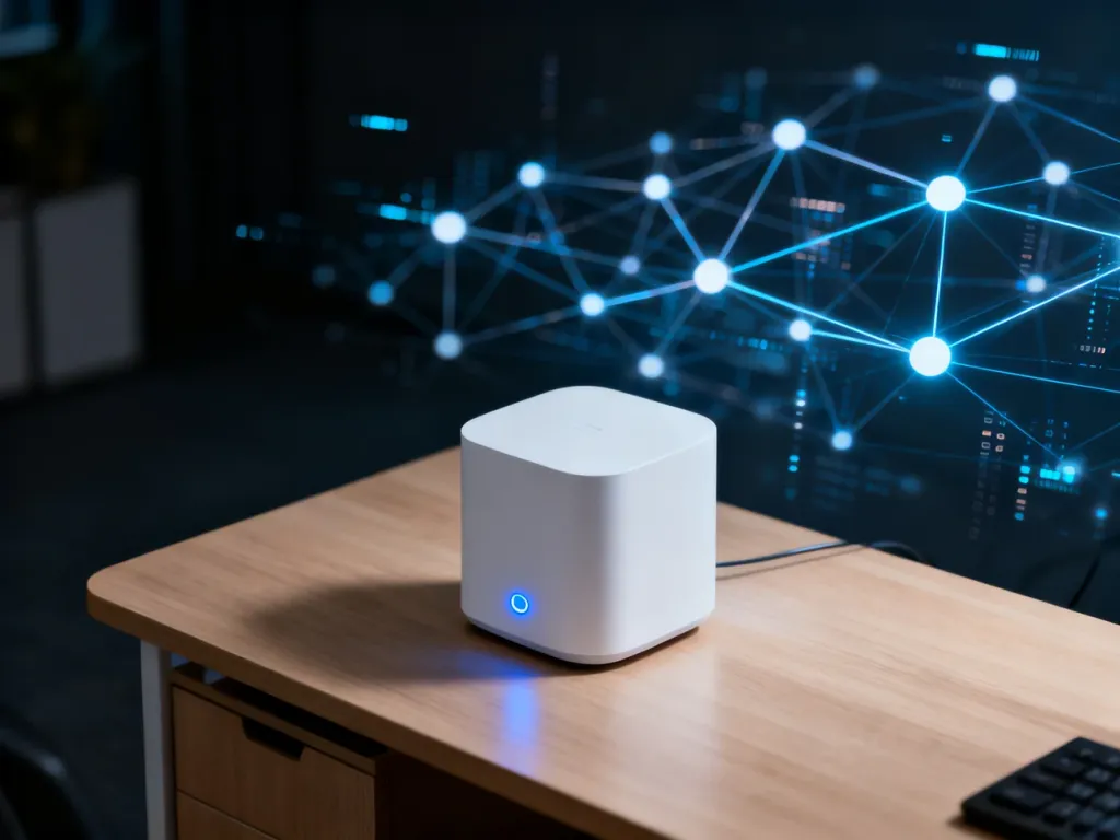 Nowoczesny biały punkt dostępowy WiFi mesh na drewnianym biurku z wizualizacją cyfrowej sieci w tle.