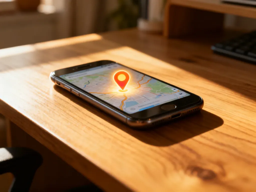Nowoczesny smartfon z włączoną mapą i ikoną lokalizacji na drewnianym biurku, ilustrujący działanie aplikacji Find.