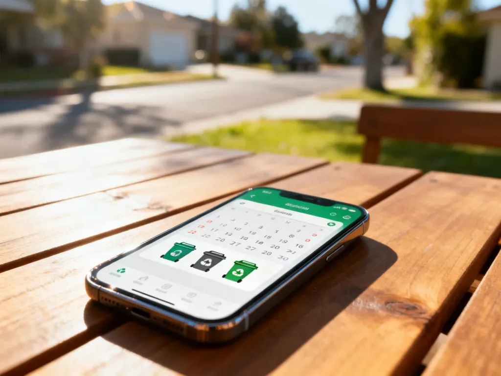 Smartfon z wyświetlonym kalendarzem wywozu odpadów leżący na drewnianym stole w słoneczny dzień.