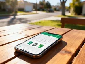 Nowoczesny smartfon leżący na drewnianym biurku w przytulnym domowym biurze.