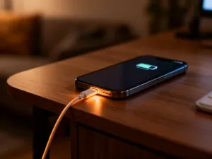 Nowoczesny hub do inteligentnego domu z podświetleniem LED na drewnianym stole w przytulnym salonie.