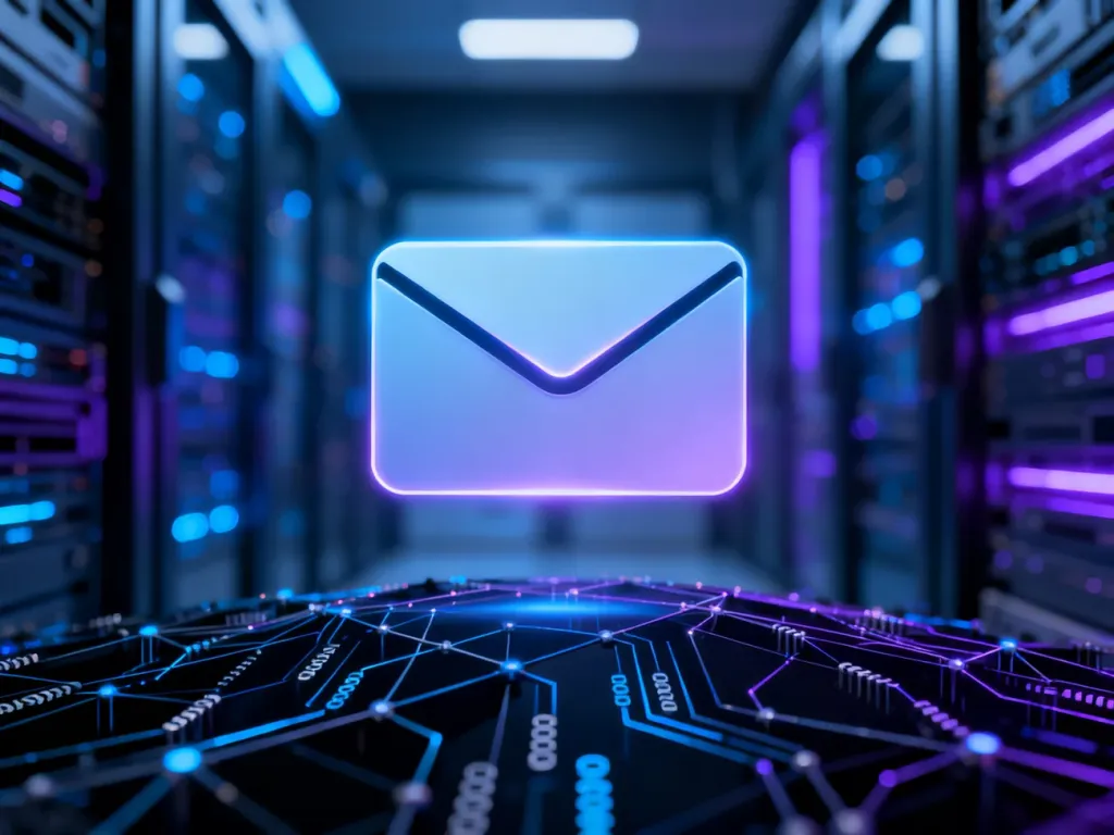 Świecąca ikona cyfrowej koperty nad siecią zaszyfrowanych danych, symbolizująca bezpieczną komunikację w Proton Mail.