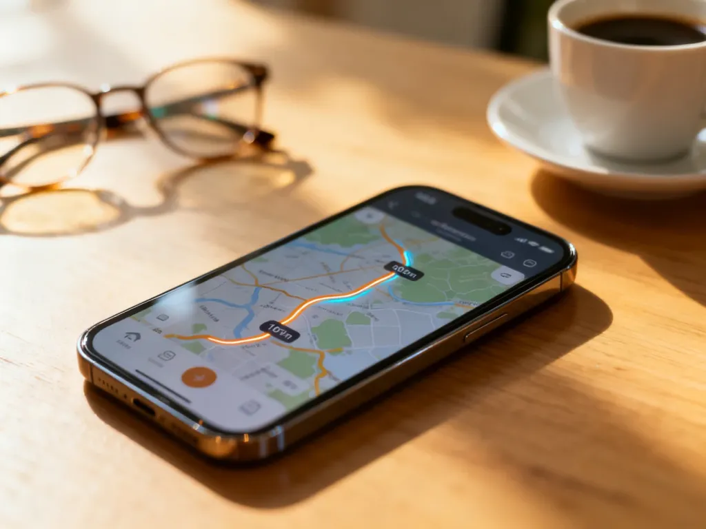 Smartfon z otwartą aplikacją Google Maps pokazujący wyznaczoną trasę i pomiar odległości na ekranie.
