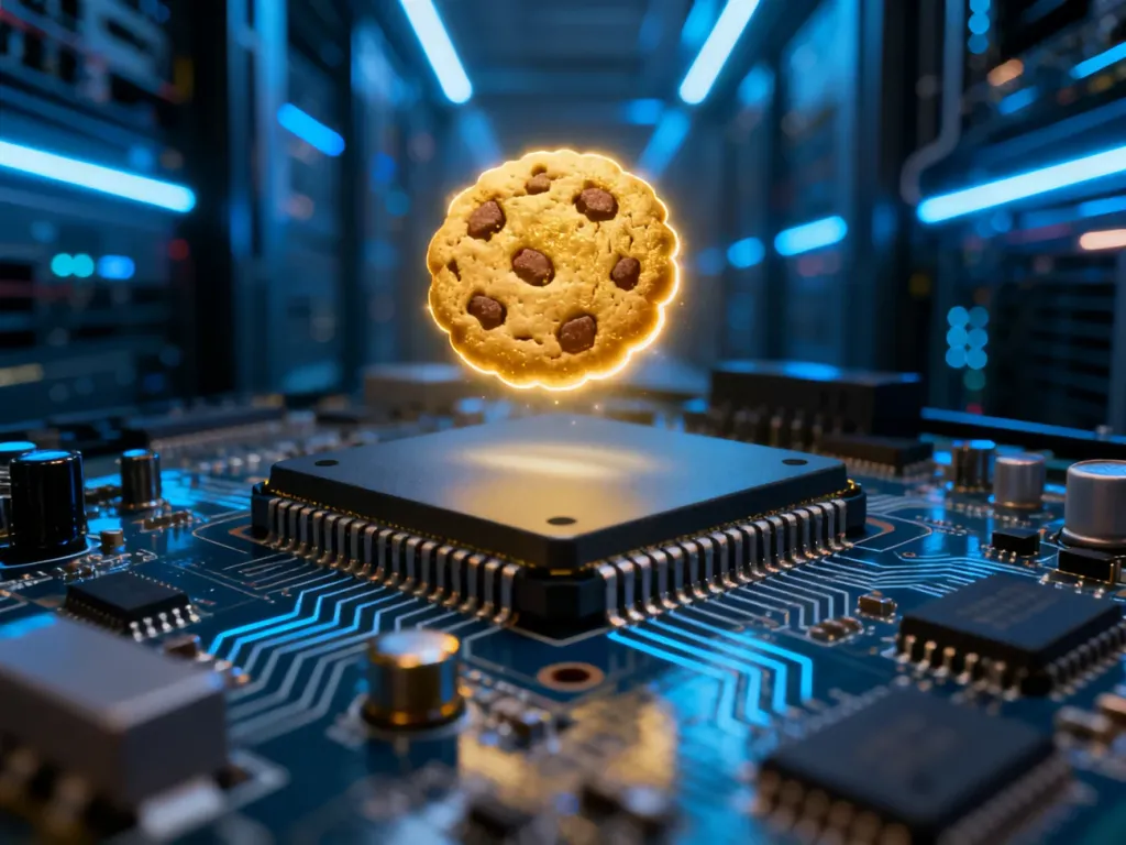 Płyta główna komputera z unoszącymi się nad nią złotymi ikonami ciasteczek, symbolizującymi pliki cookies w sieci.