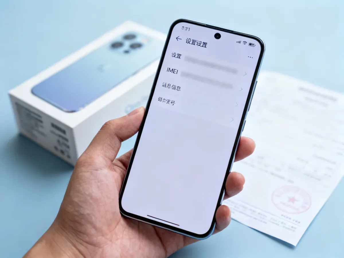 Smartfon z informacjami o numerze IMEI obok pudełka i dokumentów