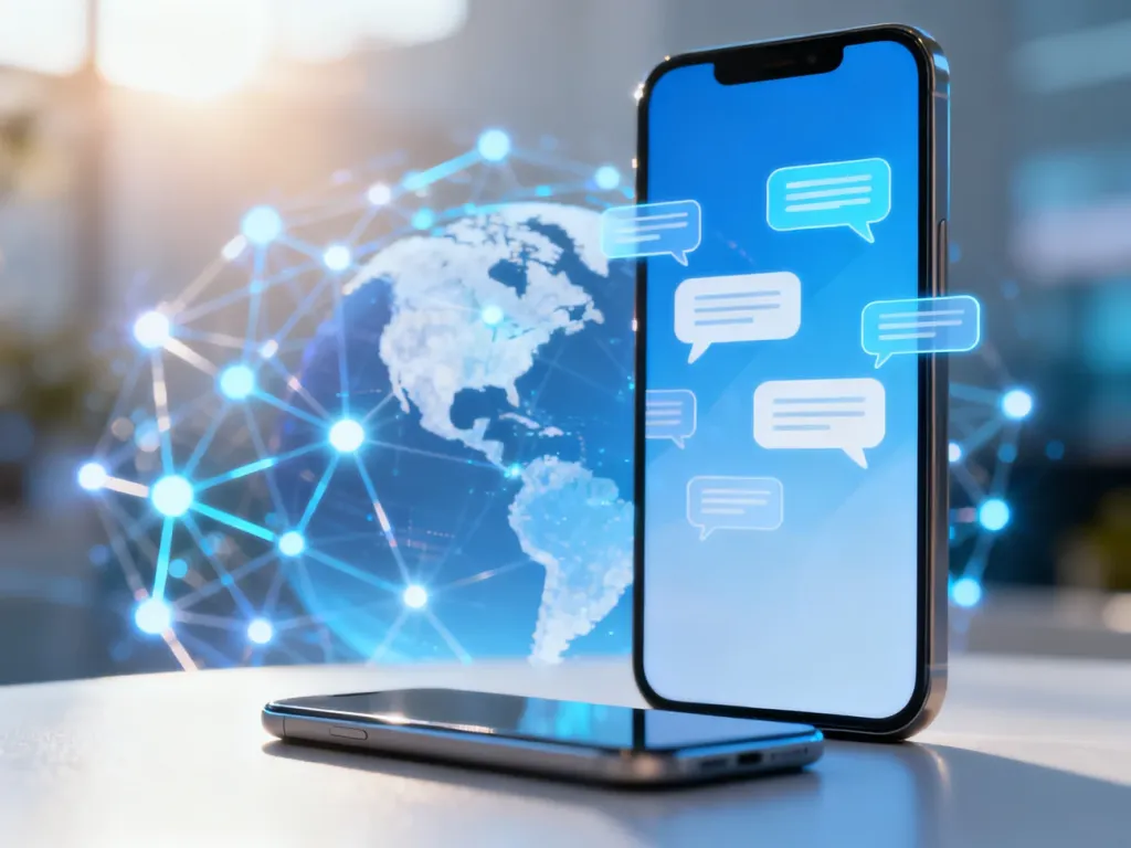 Nowoczesny smartfon z interfejsem komunikatora na tle sieci połączeń, symbolizujący działanie technologii RCS.
