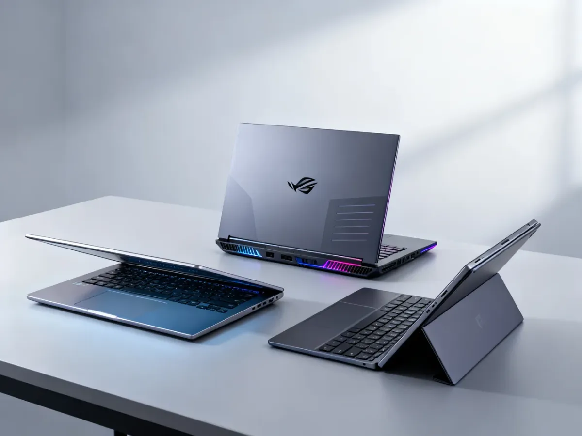 Trzy rodzaje laptopów: ultrabook, laptop gamingowy i model 2w1