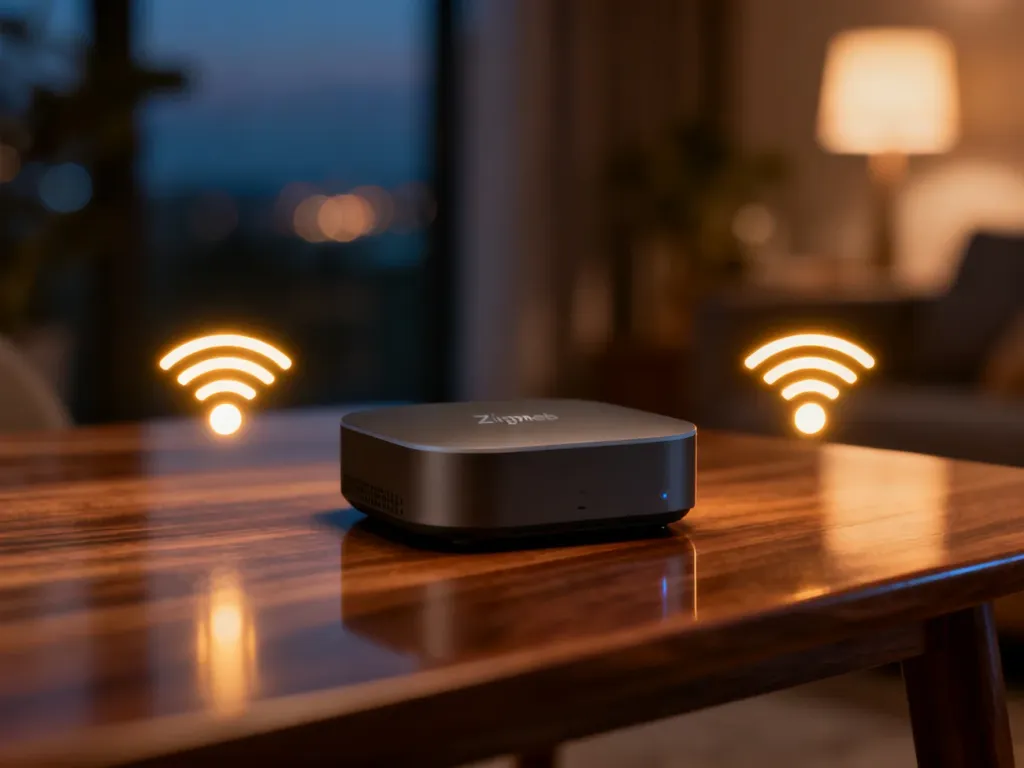 Nowoczesny hub smart home na drewnianym stole, otoczony świecącymi ikonami sygnałów Zigbee i Wi-Fi.