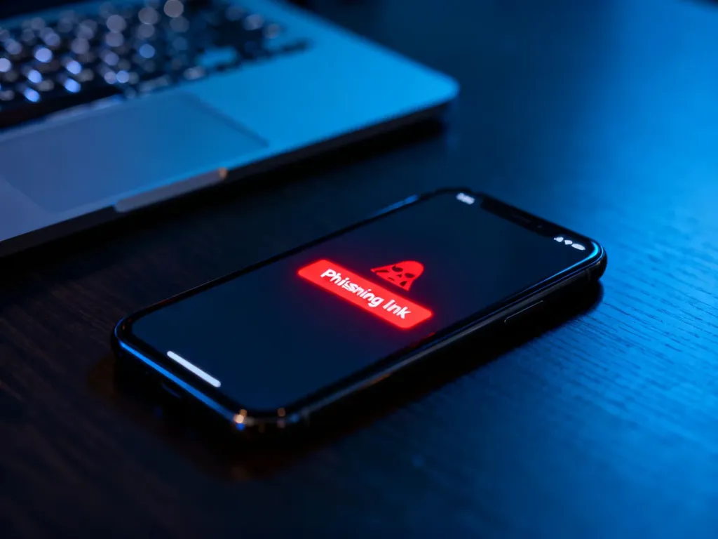 Smartfon na biurku z powiadomieniem o podejrzanym linku, ilustrujący zagrożenie phishingiem w sieci.