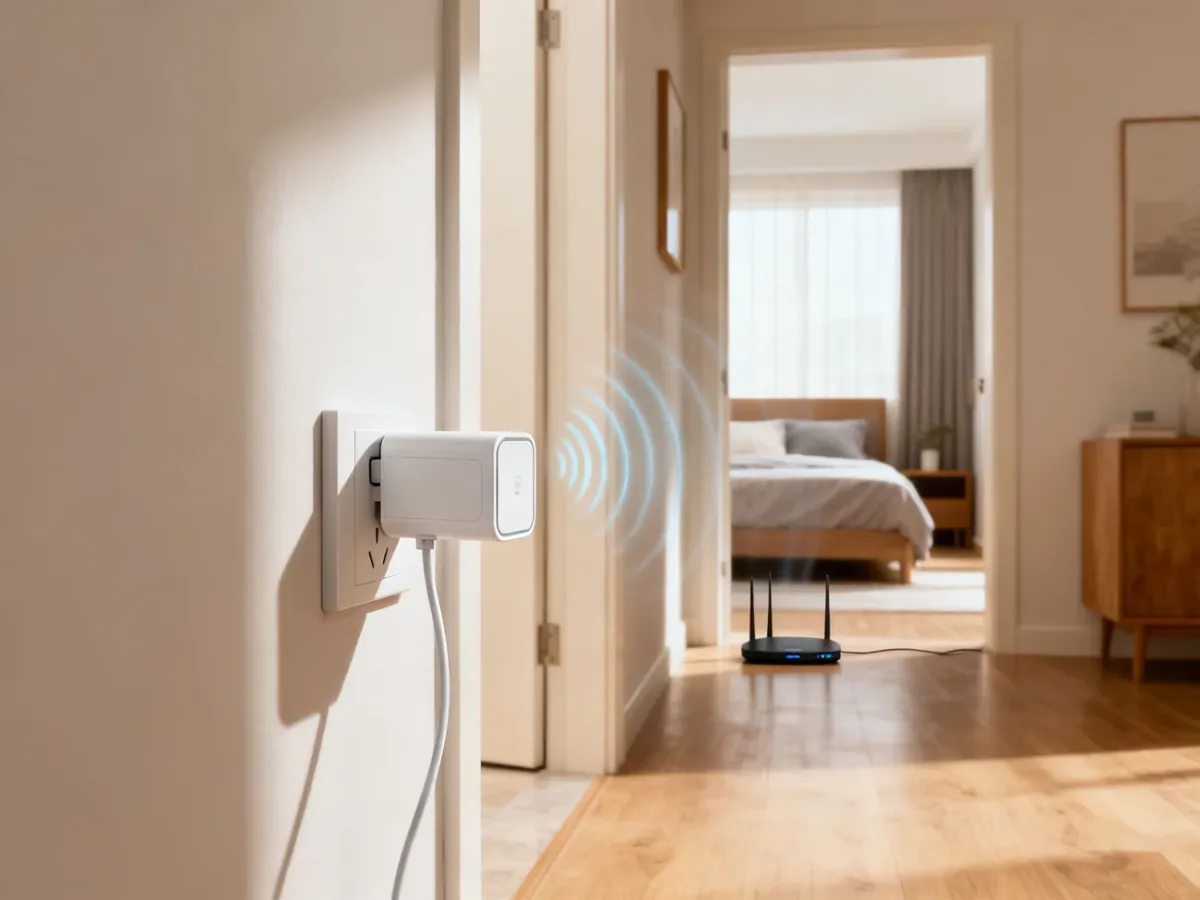 Repeater Wi-Fi ustawiony w korytarzu między routerem a pomieszczeniem ze słabym sygnałem
