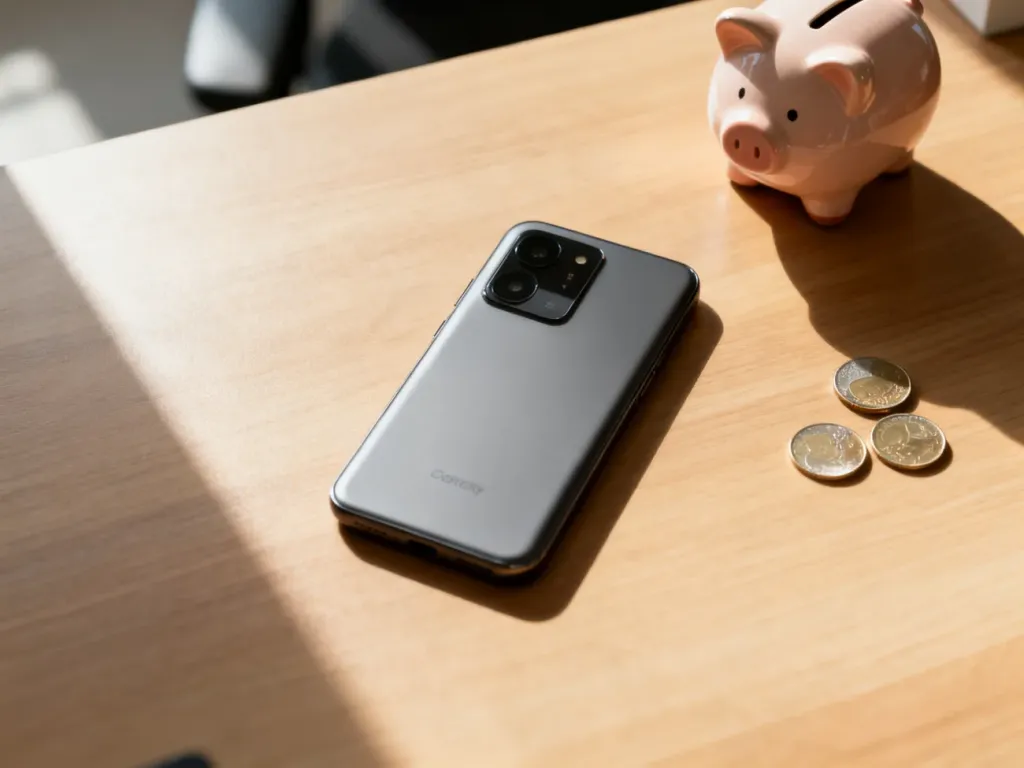Budżetowy smartfon leżący na drewnianym biurku obok skarbonki i monet, symbolizujący oszczędność przy zakupie telefonu.