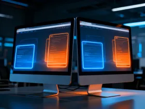 Dwa monitory obok siebie: jeden z klasycznym pulpitem Windows 7, drugi z kafelkowym interfejsem Windows 8.1.