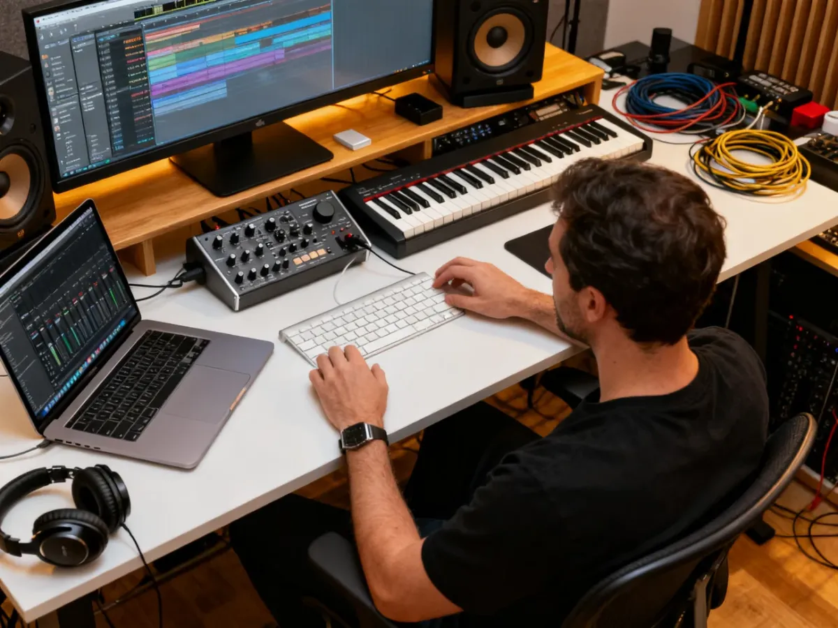 Twórcze stanowisko pracy z MacBookiem i wyposażeniem do produkcji audio