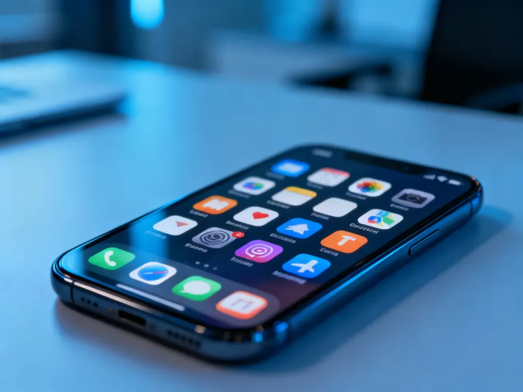 Ekran nowoczesnego smartfona z siatką kolorowych ikon aplikacji na tle biurka.