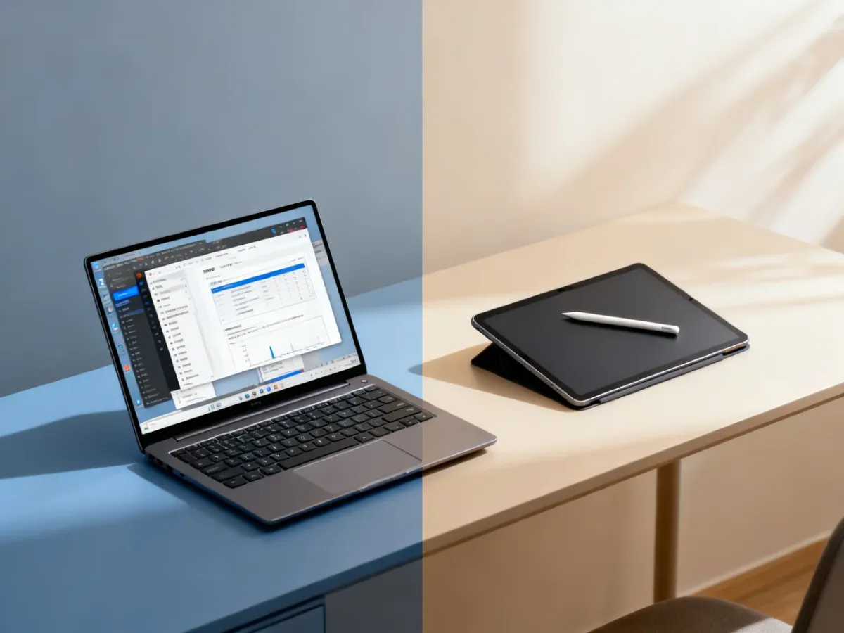 Laptop i tablet zestawione na biurku jako dwa różne narzędzia pracy