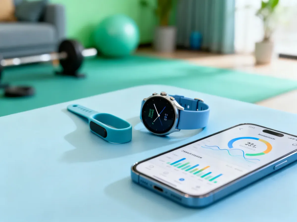 Smartwatch, opaska fitness i telefon z wykresami aktywności oraz danych zdrowotnych