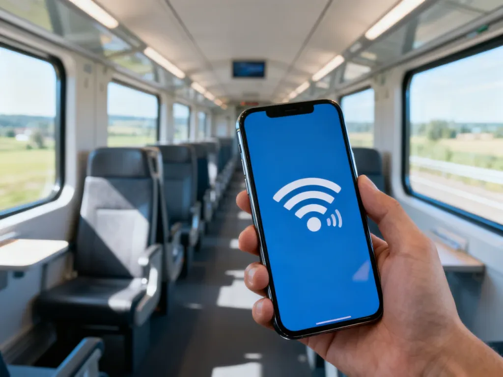 Smartfon z ikoną Wi-Fi w dłoni pasażera na tle wnętrza nowoczesnego pociągu.