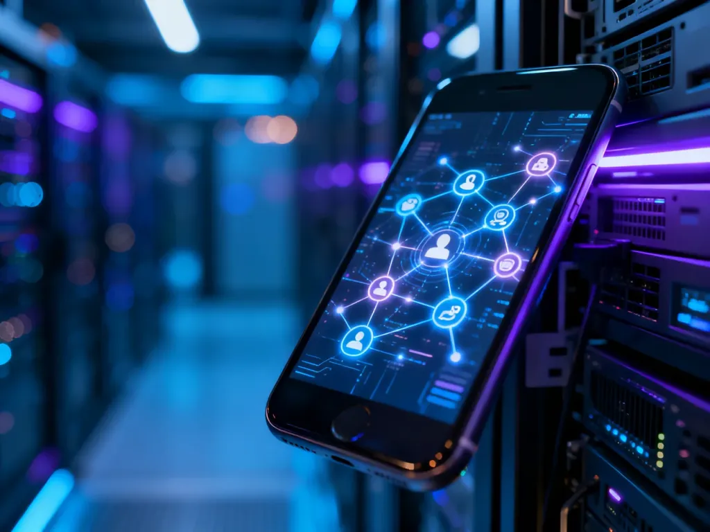 Ekran smartfona z cyfrową siecią połączeń, symbolizujący usługi Meta i łączność w mediach społecznościowych.