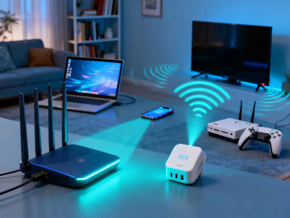 Router przesyłający sygnał do wzmacniacza Wi-Fi i domowych urządzeń